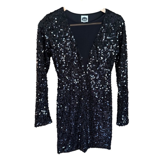 Y2K Deb Black Dress Sequin Dress  deep V-neck Retro Whimsigoth Morquette Size S - Picture 1 of 10